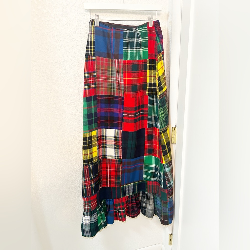VINTAGE Hand Crafted Tartan High-Waisted Maxi Skirt Patchwork Plaid Wool SZ: XS